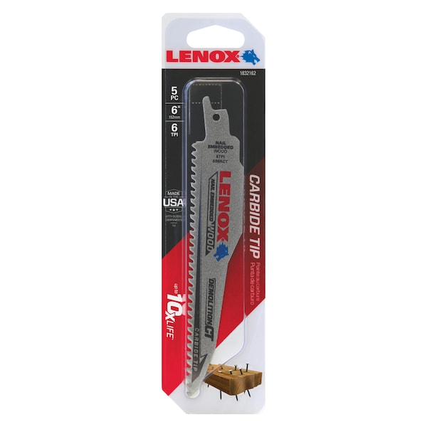 Lenox Lenox Demolition CT 6 in. Carbide Tipped Reciprocating Saw Blade 6 TPI 5 pk 1832162 - main